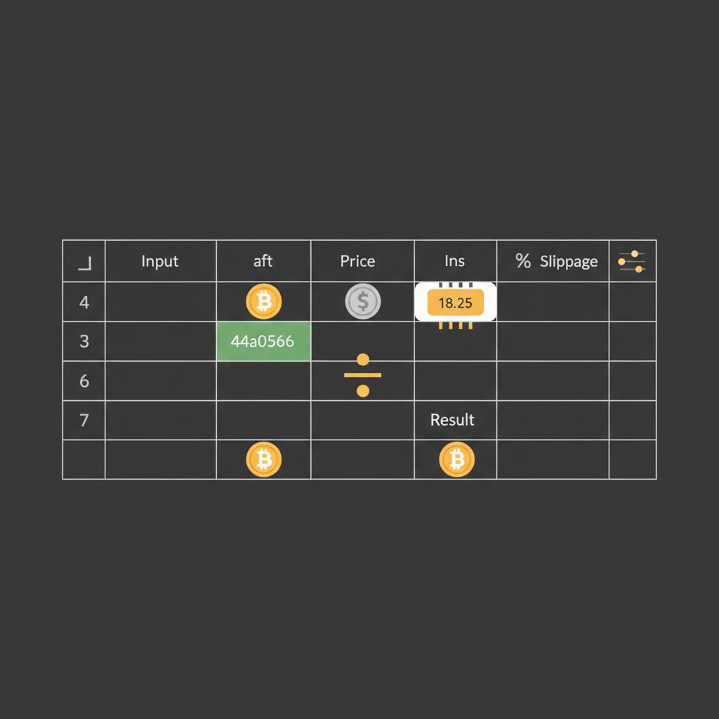 Minimal flat 2D vector spreadsheet showing bitcoin and dollar icons connected by a division visual and cells for fees and slippage depicting a crypto stock price calculation