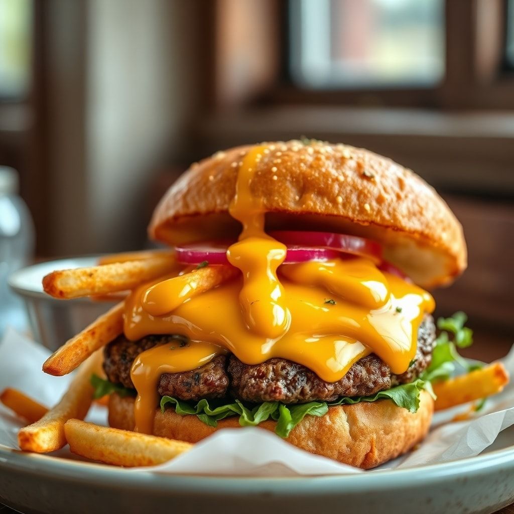 Crispy Smash Burger Fries with Cheddar Cheese Sauce – Easy Homemade Comfort Food finished