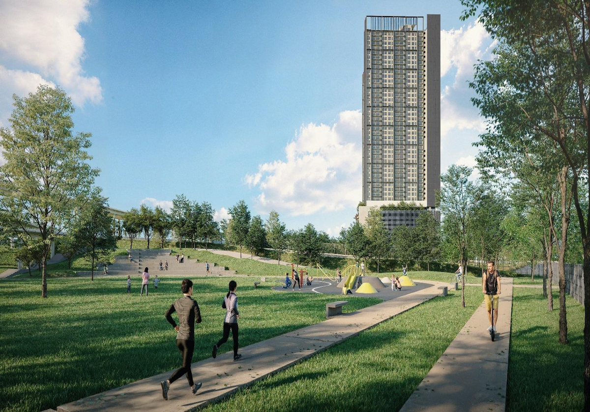 Luminar Residence, Federal Avenue — tower above park
