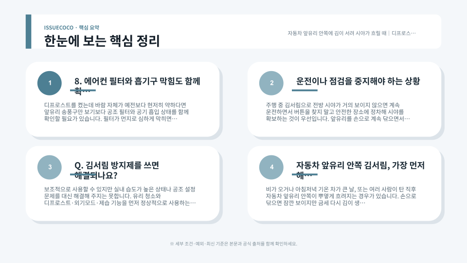 자동차 앞유리 김서림을 디프로스트와 외기모드로 제거하는 점검 순서