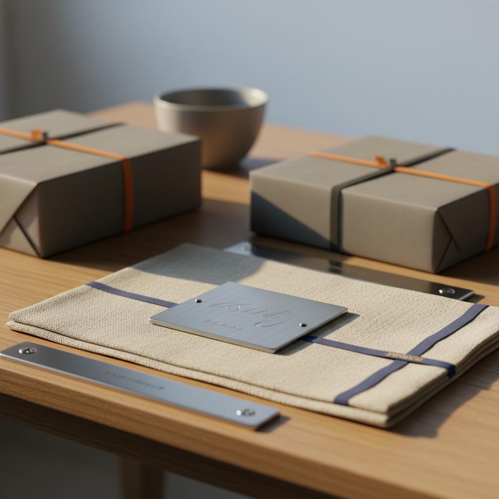 Nahaufnahme eines gedeckten Esstisches mit Geschenkboxen und einer Metall‑Gravur‑Plakette auf Leinen – Geschenk für frischgebackene Mutter, warme industrielle Atmosphäre, Holz- und Metalldetails.