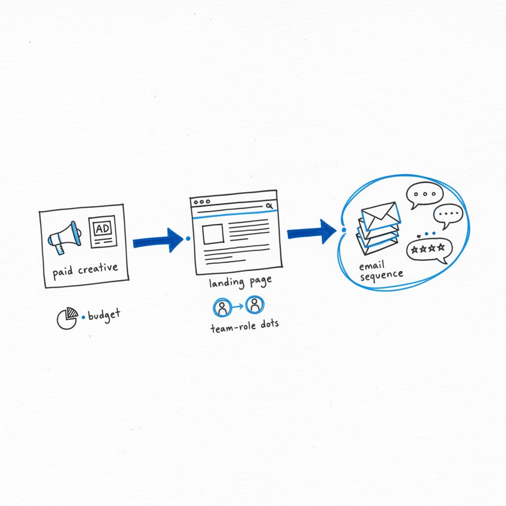 Sketchbook close-up of a minimalist campaign flow with icons for paid creative, landing page, email sequence linking to a reviews cluster; accent arrows in #1a5bfb &mdash; types of advertising