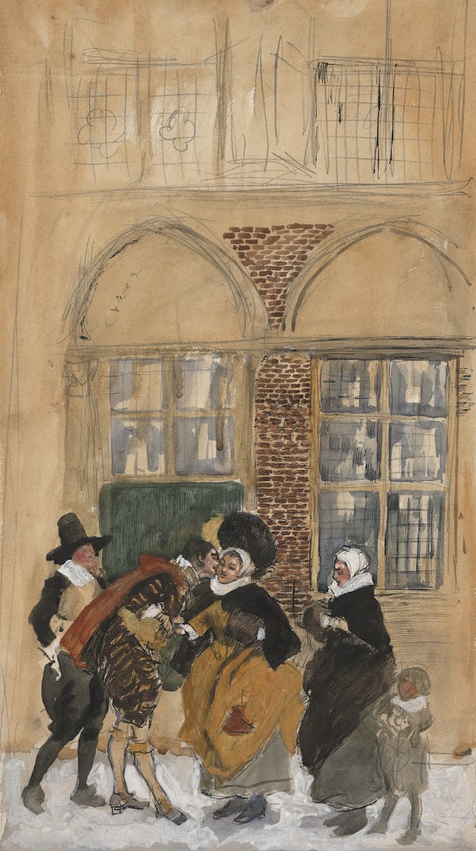 Study of figure scene in seventeenth century Dutch costume possibly NewAmsterdam