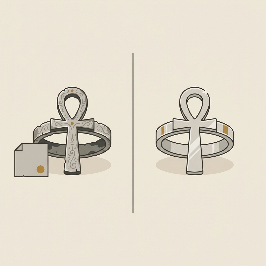 Minimal 2D vector side by side comparison of a weathered ancient style silver ankh ring with a provenance icon next to a polished modern reproduction highlighting visual differences