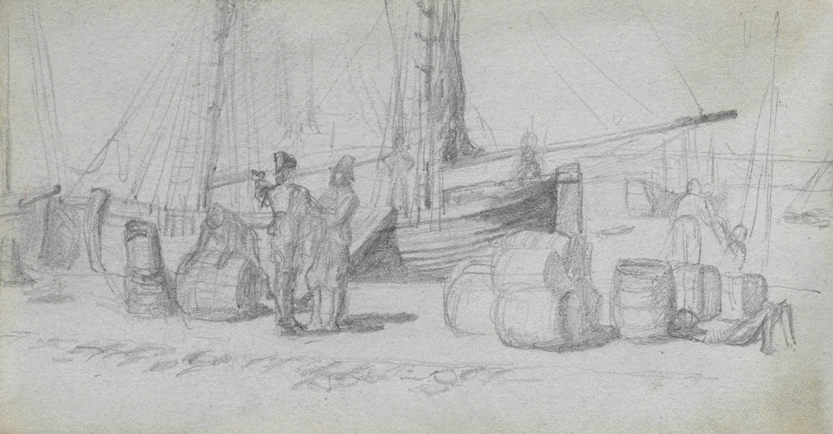 Boats Figures Cargo on a Beach 1860s