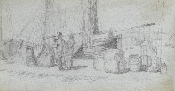 Boats Figures Cargo on a Beach 1860s