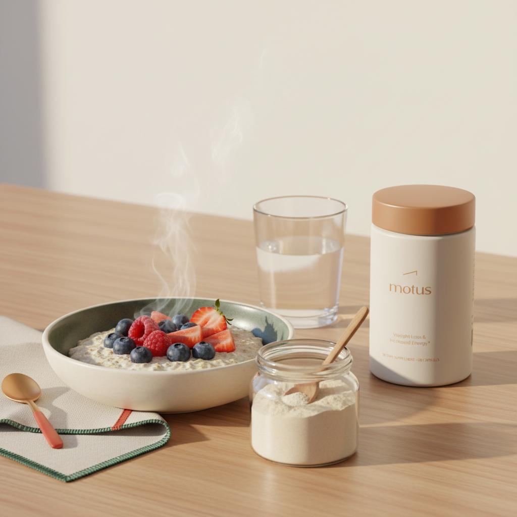 Minimalist breakfast with oatmeal, berries, a small jar of viscous fiber powder and Tonum Motus supplement container placed subtly to the side — what to take for gut health to lose weight