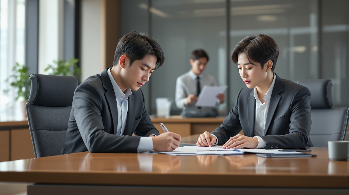 국가유공자 병력확인  국가유공자 병력확인와 관련해 자주 묻는 질문을 정리한 체크리스트를 사무실에서 확인하는 모습, 신청자가 변호사와 상담하며 실무 팁을 메모하고 있는 장면