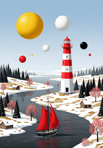 Surreal Lighthouse River with Floating Orbs
