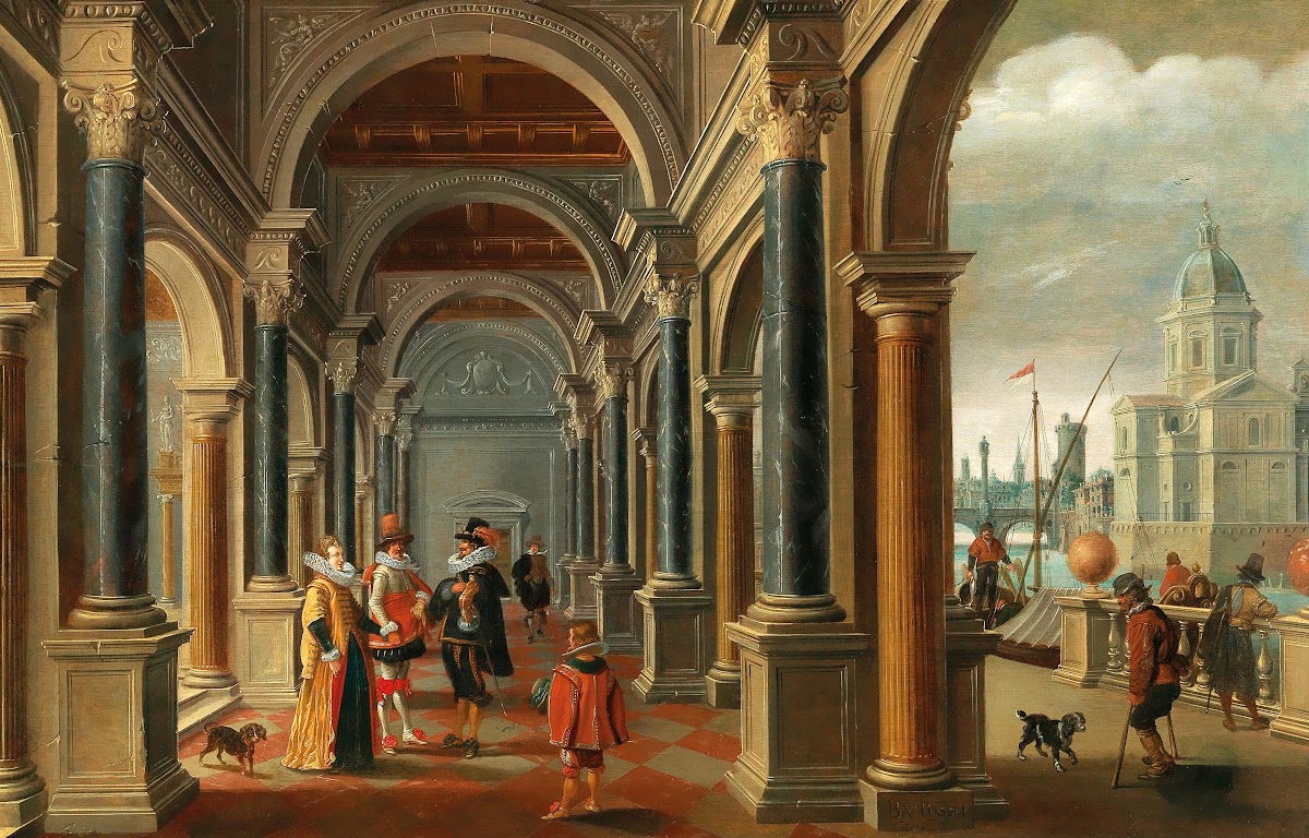 A classical arcade with elegant figures a city view to the right