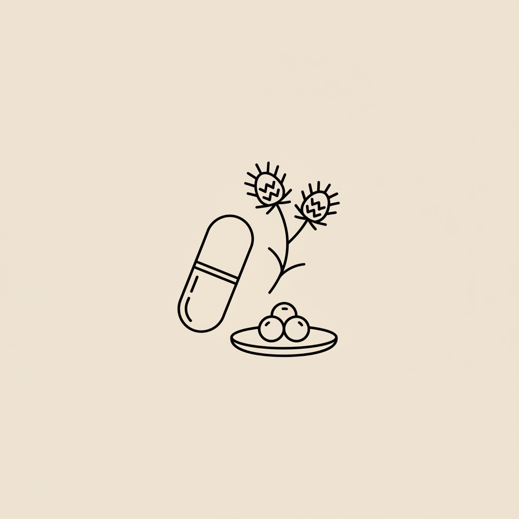 Minimalist line illustration of a capsule, milk thistle sprig, and a small plate with berries on beige background, symbolizing weight loss medicines and natural ingredients.