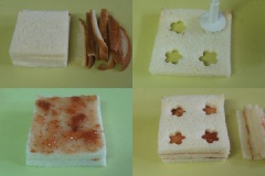 Dùng dao cắt bỏ phần cứng xung quanh lát bánh mì, rồi dùng khuôn cắt bánh hình bông hoa nhỏ, cắt 4 bông hoa ở 4 góc của một lát bánh mì. Tiếp theo, phết lớp mứt dâu lên lát bánh mì thứ nhất, đặt lát bánh mì thứ hai lên trên rồi phết lớp mứt dâu lên trên, rồi đặt lát bánh mì đã cắt bông hoa trên cùng.