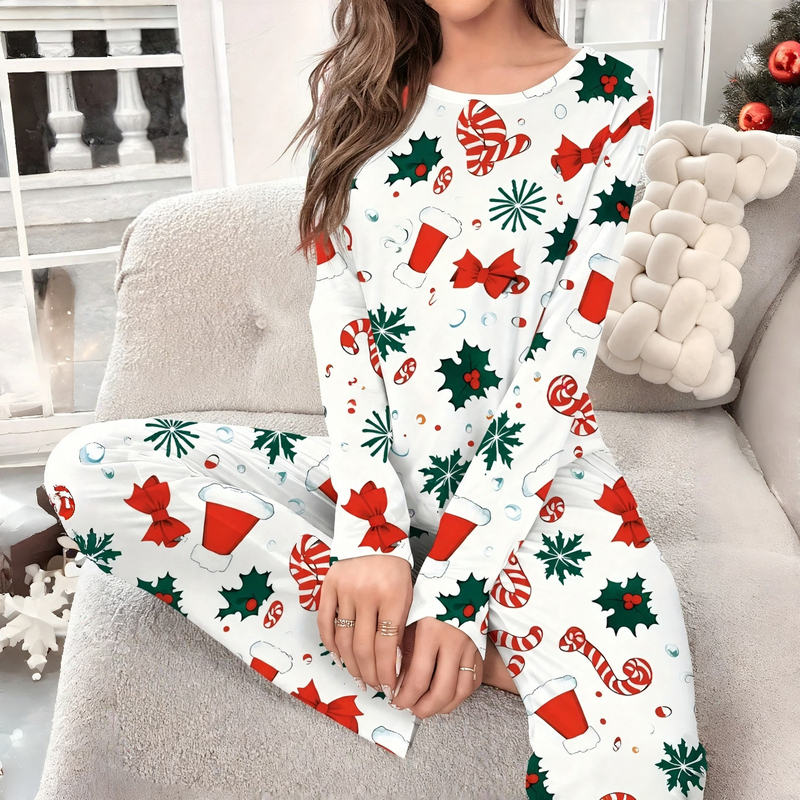 Women's Pajama Set, Long Sleeve, Christmas Motif, Round Neck