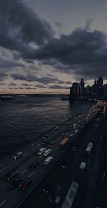 Moody Dusk Highway Traffic New York City Skyline View