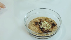Cho 75ml nước tương Hàn Quốc, 60g đường, 10g vừng trắng, 30ml dầu mè, 1 chén tỏi băm, hạt tiêu đen vào tô, trộn đều để làm nước sốt trộn miến. Xếp tất cả nguyên liệu đã chế biến ra đĩa to.