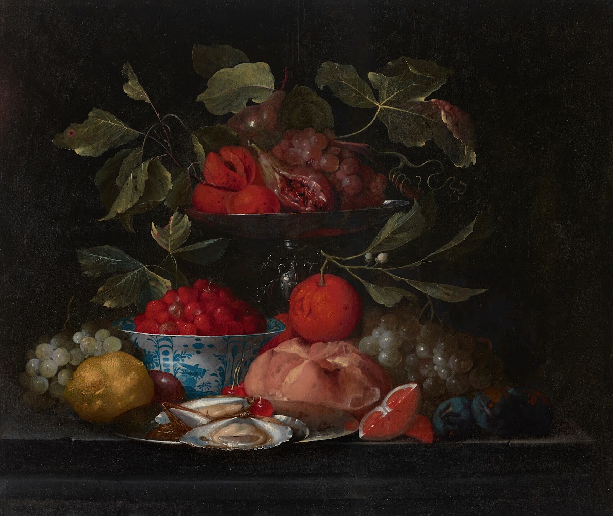 Wild strawberries in a Kraak porcelain bowl with oranges peaches lemons a bread