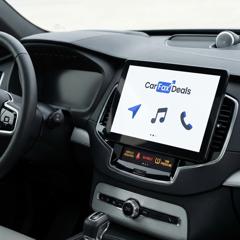 Close up of Volvo XC90 instrument panel with infotainment screen and warning lights highlighting xc90 volvo price in a minimalist CarFax Deals style