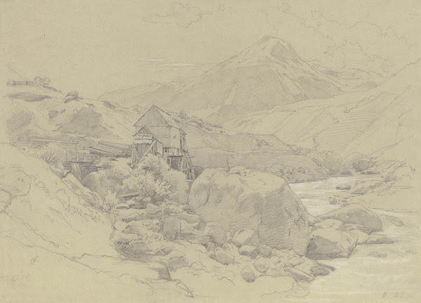 Wassermühle in einer Gebirgslandschaft