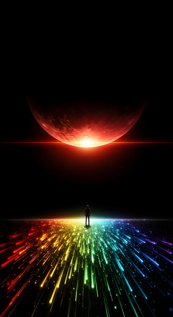 Silhouette on Rainbow Meteor Trail Under Red Planet