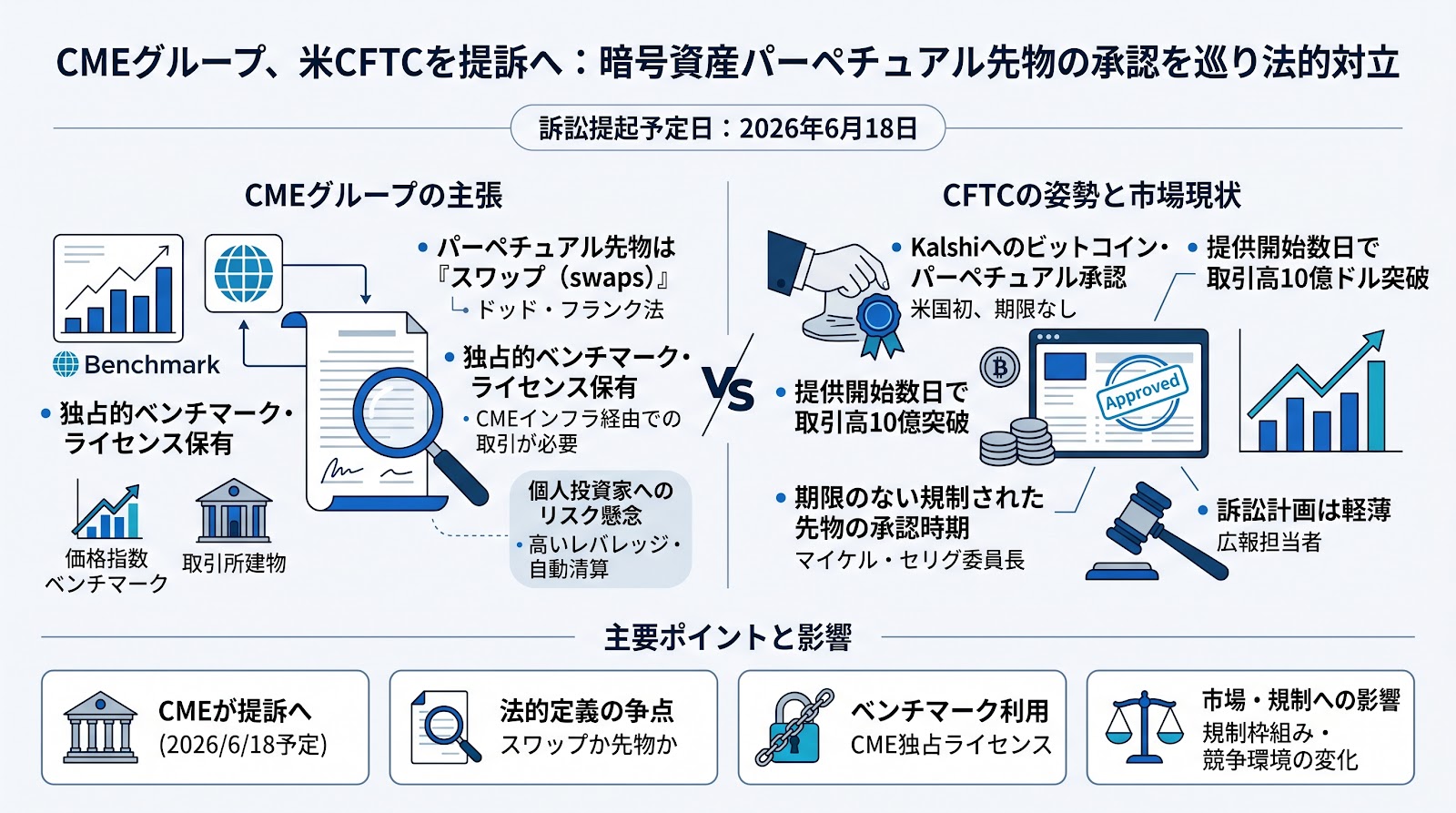 CMEグループ、米CFTCを提訴へ：暗号資産パーペチュアル先物の承認を巡り法的対立