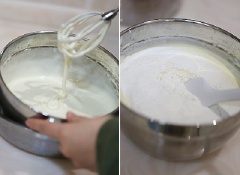 Đánh đều đến khi hỗn hợp sệt lại thì bạn cho bơ đã được làm tan chảy, sữa và bột mì vào thông qua rây lọc. Lưu ý nhiệt độ bên dưới bạn nên để duy trì âm ấm khoảng 40 độ C nhé.
