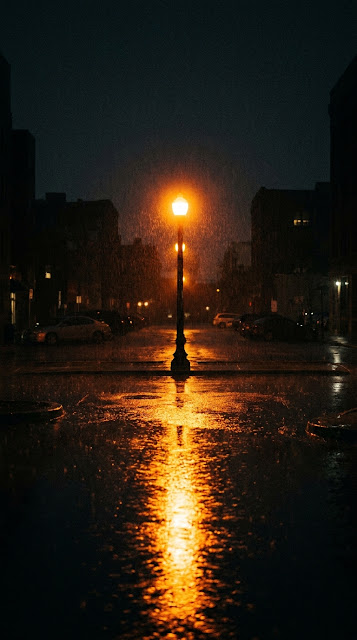 Glowing Orange Streetlight Illuminating Rain on Wet Asphalt - Free mobile Wallpaper