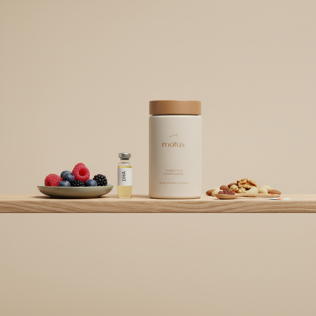 Minimalist studio photo of the Nouro supplement bottle on a wooden shelf with berries, nuts and a small vial labeled DHA — what is the best memory improver?