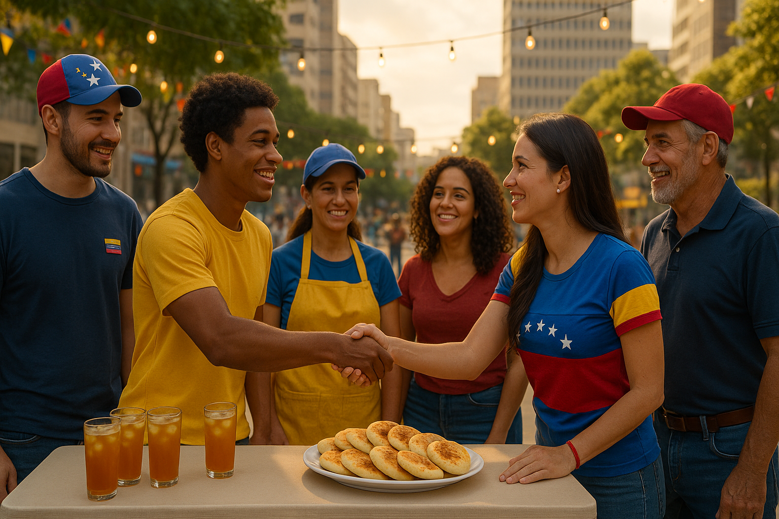 Venezolanos en arepada comunitaria al aire libre estrechando manos y sonriendo