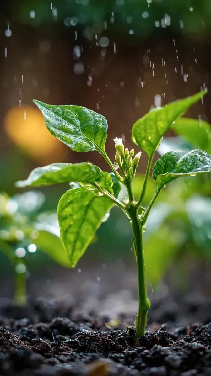 Una pequeña planta de chile con hojas verdes brillantes y un diminuto capullo de flor blanca en formación, que emerge de tierra oscura y húmeda.