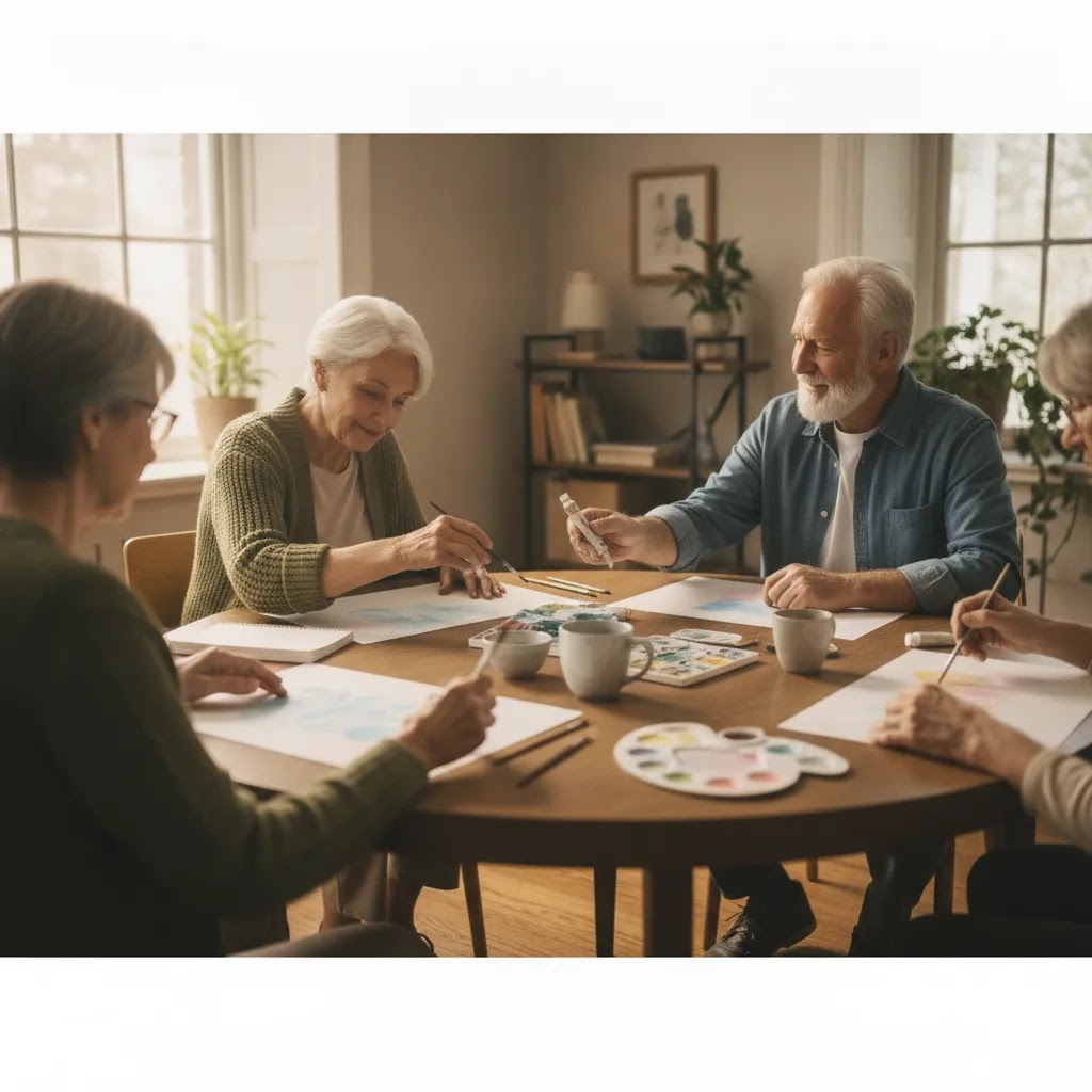 Art therapy benefits for seniors for social connection and gentle communication in a shared creative group setting