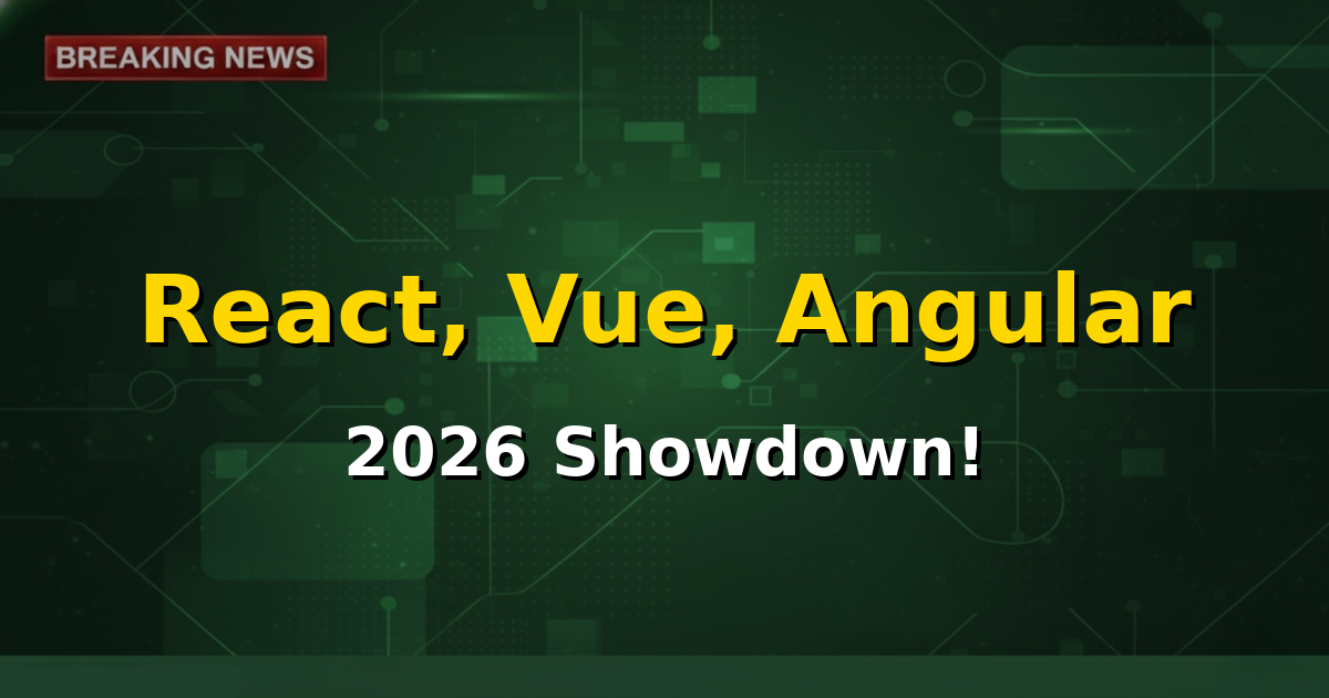 Abstract graphic representing React, Vue, and Angular logos clashing, symbolizing a comparison or competition between the three frontend frameworks in 2026.