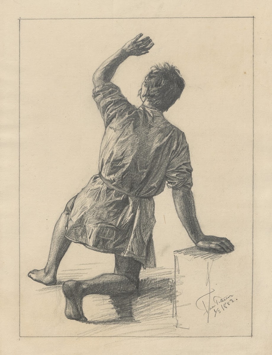 Man on his knees holds his hand up 1882