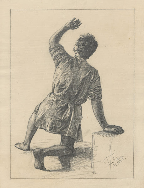 Man on his knees holds his hand up 1882