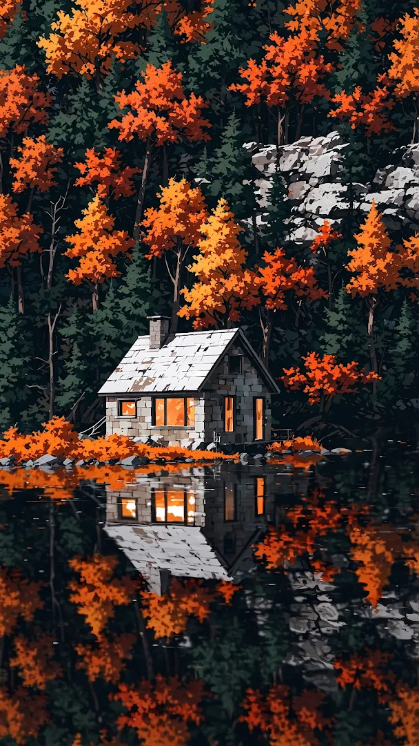 Cozy Stone Cabin Reflecting Autumn Forest in Lake