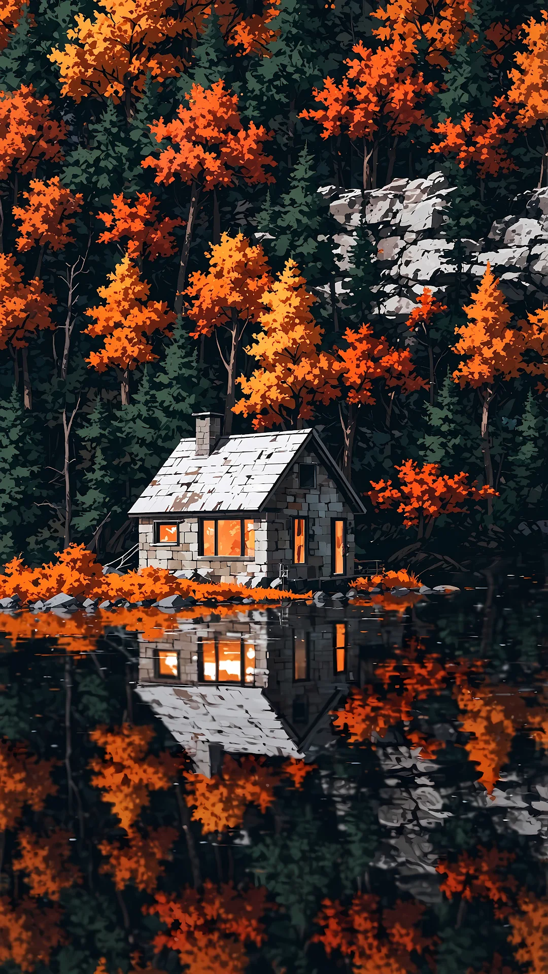 Cozy Stone Cabin Reflecting Autumn Forest in Lake - Free 4K mobile Wallpaper