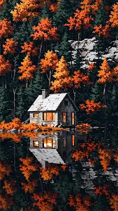 Cozy Stone Cabin Reflecting Autumn Forest in Lake