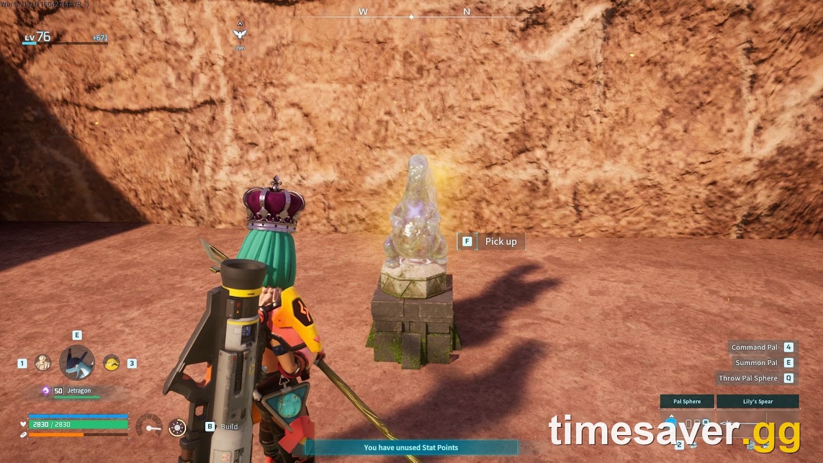 A Relaxaurus Effigy glowing in the world in Palworld with the Pick up prompt shown