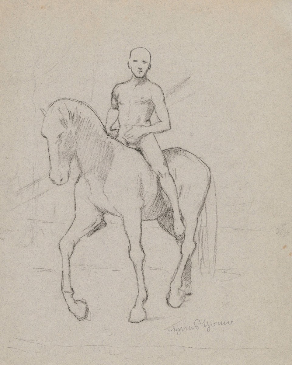 Naked young man riding a horse 1908