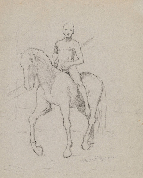 Naked young man riding a horse 1908