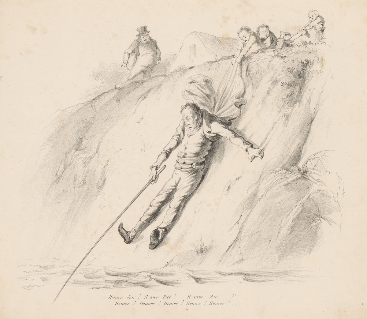 Man met hengel glijdt van helling 1832   1897