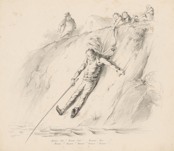 Man met hengel glijdt van helling 1832   1897
