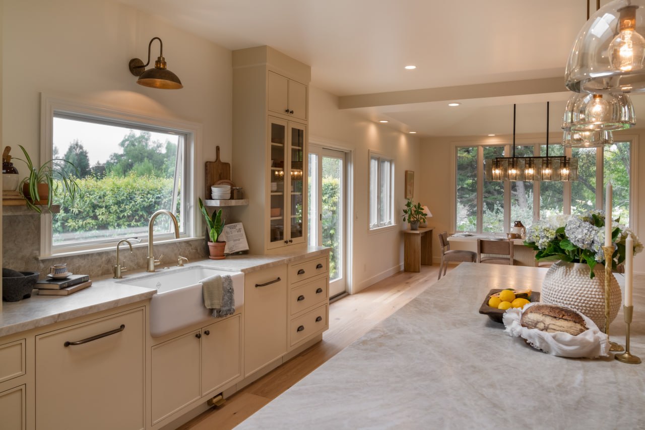 Kellow Construction kitchen remodel — cream cabinets, farm sink, marble countertops, Santa Barbara