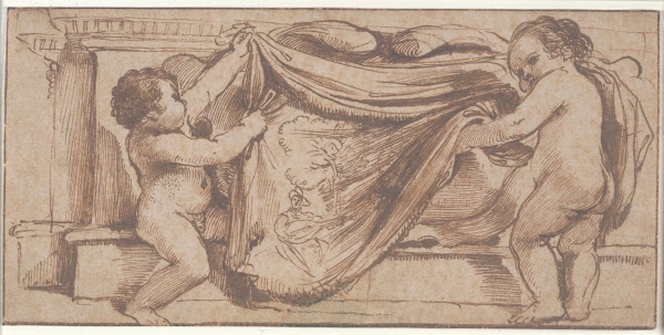 Two Putti Covering a Cartouche on a Pediment with a Tapestry Representing a Lute