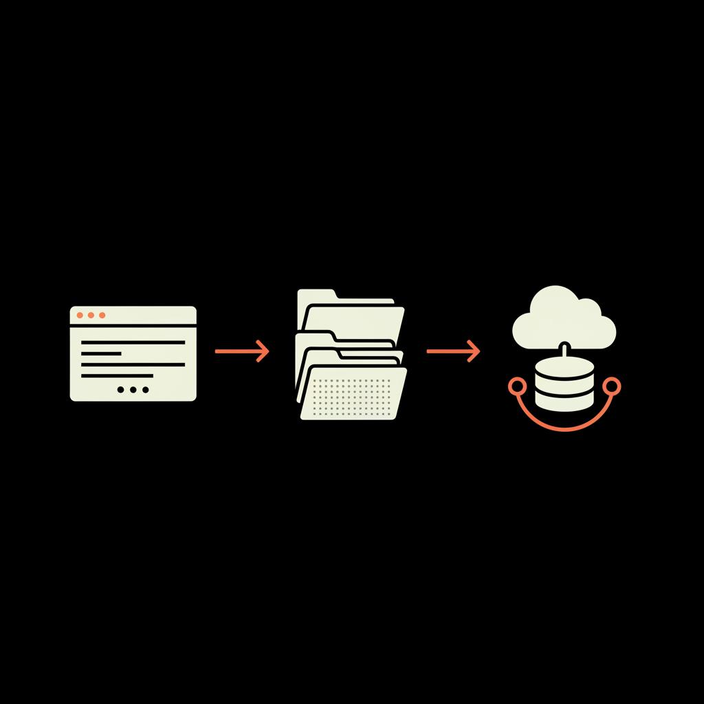 Minimal 2D vector infographic of layered data sources (native dashboard, folder stacks for CSV, cloud+database) connected by accent arrows — how to see twitter impressions