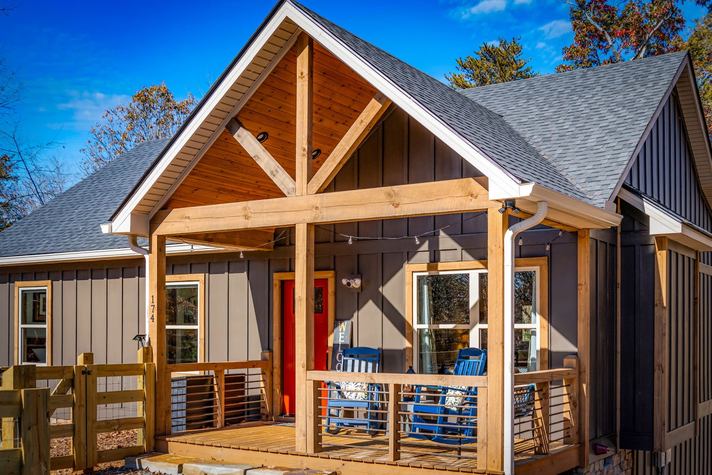 Orchard & Vine Mountain Haus cabin front porch exterior — Memorial Day weekend cabin rental Ellijay, Georgia