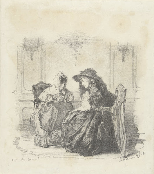 Twee zittende vrouwen met elkaar in gesprek 1881