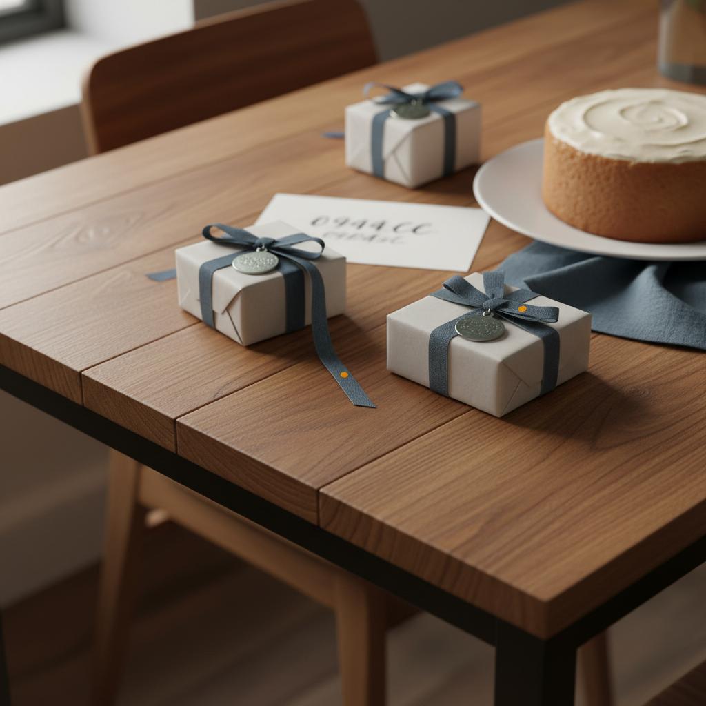 Nahaufnahme eines Esstisches mit kleinen Geschenkboxen, simplem Vanillekuchen und handgeschriebener Karte als abschiedsgeschenk kollegen, warme Lichtstimmung, Holz- und Metalltexturen.