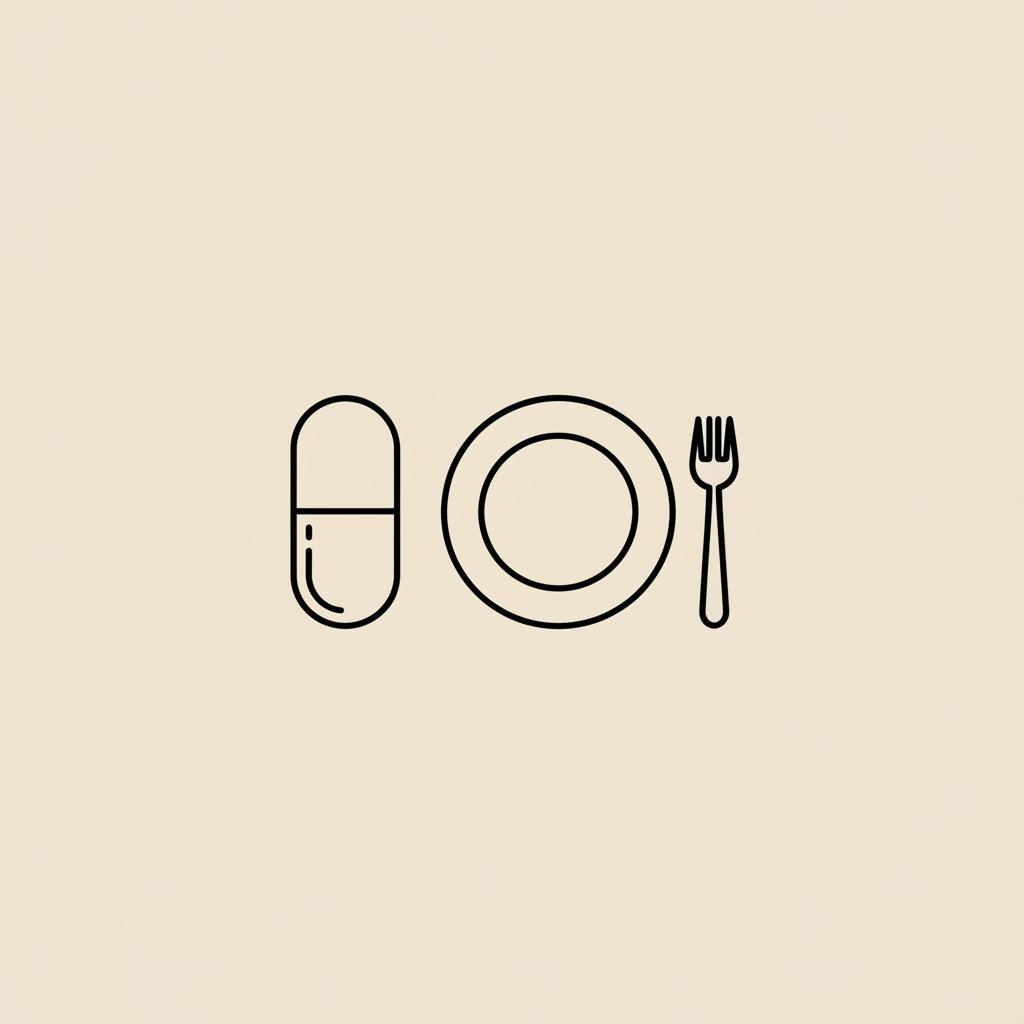 Minimalist Tonum-style line illustration of a capsule beside a simple plate and fork on beige background, symbolizing berberine for belly fat
