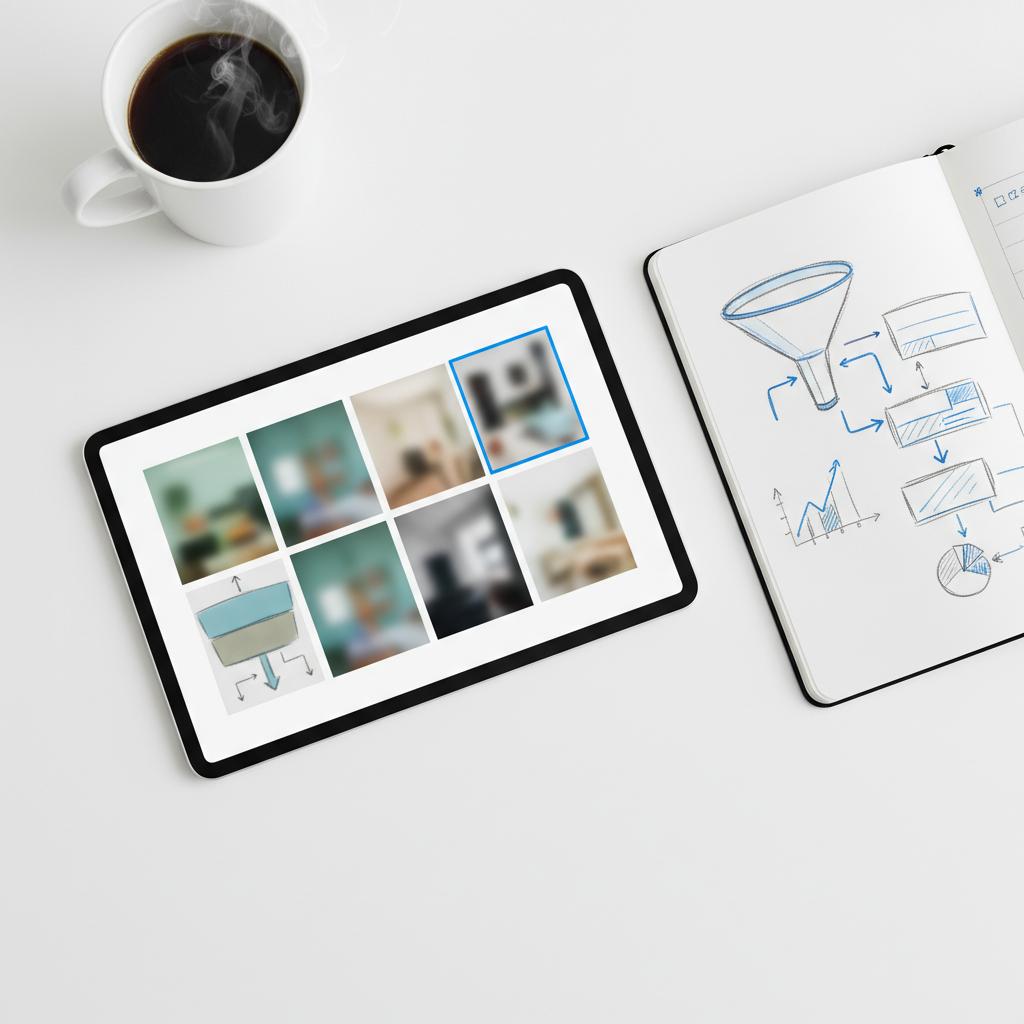 Minimalist desk close-up with tablet showing blurred home project thumbnails, open notebook with hand-drawn customer-journey funnel sketches and a coffee cup &mdash; Does Houzz charge for leads