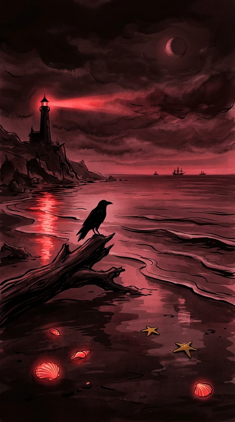 Gothic Minimalist Beach with Black Crow and Crimson Reflections - Free 4K mobile Wallpaper